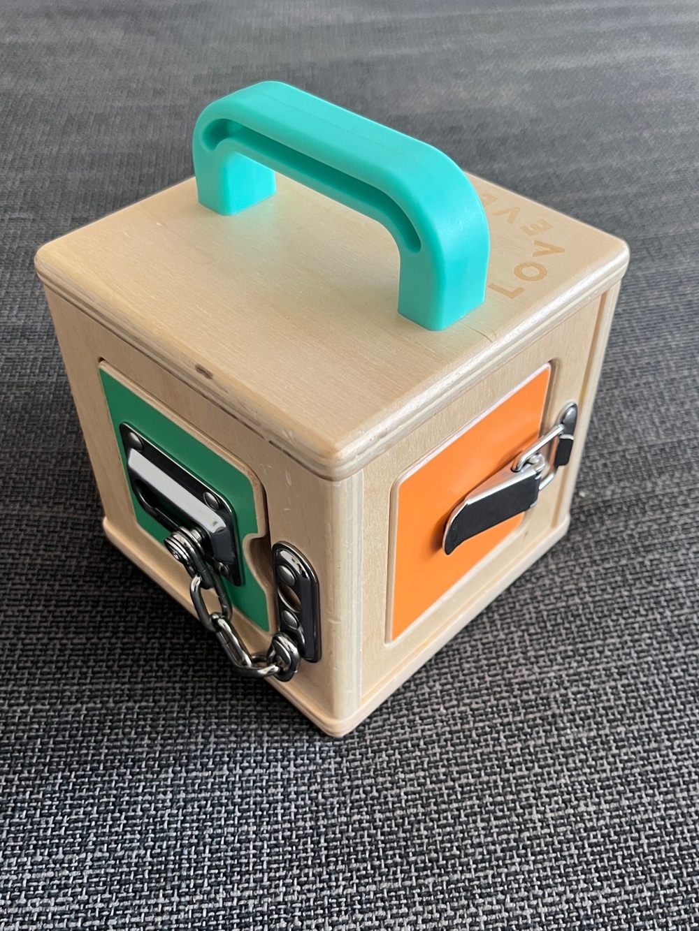 Lovevery Wooden Activity Lock Box with Teal Handle